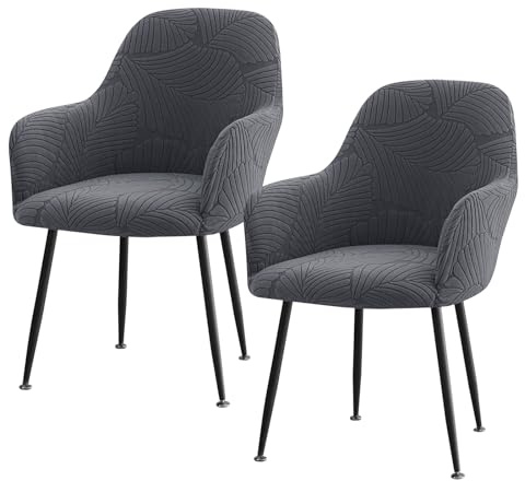 Btstil 2er Set Stuhlhussen mit Armlehne, Stretch Stuhlbezug Hussen für Stühle, Universal Jacquard Stuhlhussen, Abnehmbar Waschbar für Esszimmer Restaurant Schminktisch Bürostuhl (Dunkelgrau)