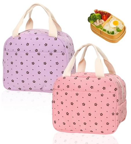 MYLERCT 2 Piezas Bolsa de Almuerzo, Forrado en Pana y Aluminio Bolsa Térmica Pequeña, Rosa y Morado Bolso-Nevera, con Bolsillo Exterior, para Picnics, Escuela, Oficina