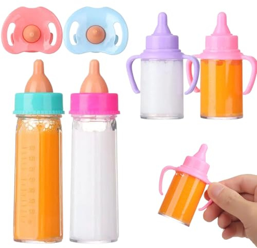 Hperu Spielzeug-Babyflaschen für Puppen, 6-teiliges Set simulierter Babyflaschen mit Schnullern und verschwindender Milch oder Saft, Rollenspiel-Puppenzubehör und für Kinder, Stil 1