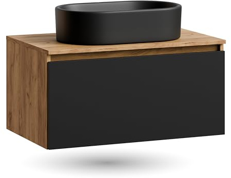 Planetmöbel Arisa Waschtisch mit Unterschrank 80 cm Gold Eiche | schwarz, Waschbecken 55 cm schwarz, Raumsparsiphon
