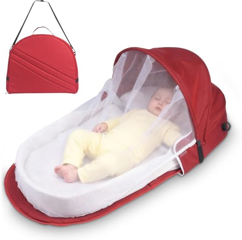 WoRaum Lit de Voyage Bébé Portable – Nacelle Évolutive Pliable avec Moustiquaire – Construction en 1 Minute – Respirant & Léger – Sac de Transport Inclus – pour Maison, Voyage (Rouge)
