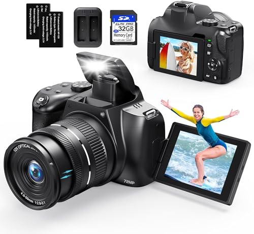 4K Digital Camera for Photography, 12X Optical Zoom 72MP Autofocus Vlogging Camera for YouTube, Photography Camera with 270°Flip Screen, Wi-Fi & App-Controlled Cameras, 2 Batteries, 32GB Card, Black