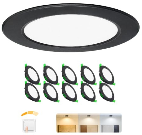Einbaustrahler LED Einbaustrahler 230V Dimmbar Flach Led Spots 230V 10er | 5W 3 Stufen Einbauspots Schwarz, IP44 Bad Einbauleuchten für Badezimmer 68-75mm Lochmaß, 3CCT Warmweiß Neutralweiß Kaltweiß