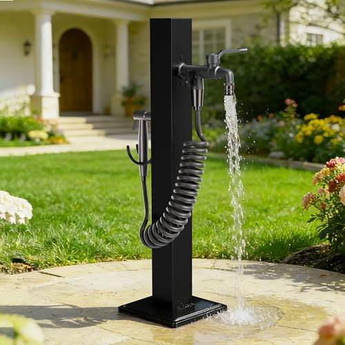 Wassersäule 304 Edelstahl mit Wasserhahn & Spritzpistole, Aussen Wasserzapfstelle garten, Doppel Auslauf Wasserzapfsäule mit 1 Haken, Aussen Frostsicher -20℃ Auslaufhahn Hitzebeständig 80℃