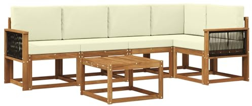 vidaXL Outdoor-Sofagarnitur 6 pcs Natur und Creme Massivholz Akazie, Outdoor-Ecksofa, modernes Lounge-Set für Garten, Robustes Sitzmöbel für Terrasse, Entspannen