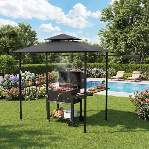 NAIZY Grillpavillon Winterfest 200x122x253cm Belüftung Grillunterstand mit Seitenmarkise, 2 Seitenregalen & Haken Stahlrahmen Pavillon für Garten Party BBQ, Grau
