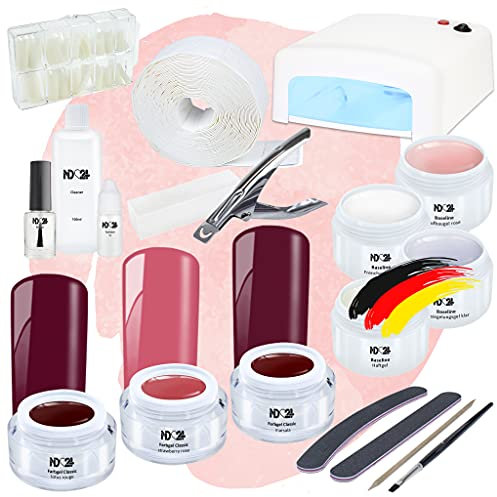 – Gelnägel Starter Set Premium mit UV Haftgel, Aufbaugel, Frenchgel, Versiegelungsgel, UV-Lampe & Zubehör + Sweet Cherry Gele – für Anfänger geeignet – UV Gele Made in Germany & vegan