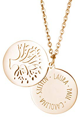Gravado Mondgold Kette aus Gold Edelstahl mit Kreis und Lebensbaum, Personalisiert mit Namen, inkl. Geschenkbox, Damen Schmuck, Länge ca. 55 cm