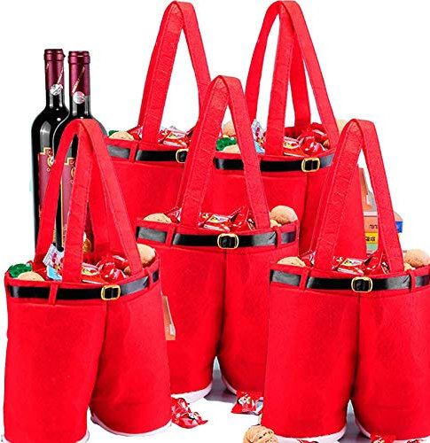 MSQ 5PCS Christmas Table Decorations Gift Bags Easter Candy Bags Santa Pants Style Lovely Treat Bags Christmas Wine Bottle Bags Best for Easter Decorations New Year Big Size