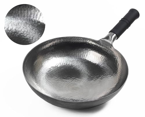 Mecete Wok pan 5th Generation, Traditional Hand Hammered Uncoated Carbon Steel Pow Wok with one piece Steel Handle one piece pan (13.3 Inch, Round Bottom) 1.8 mm thickness