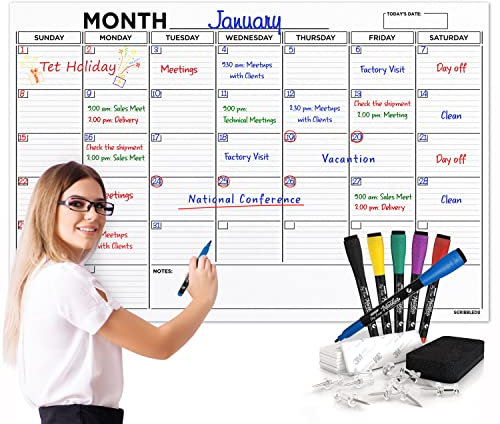 Scribbledo N Dry Erase Monatskalender, 121,9 x 91,4 cm, wiederverwendbarer Wandplaner, inkl. 4 Marker, 1 Radiergummi und Montageband