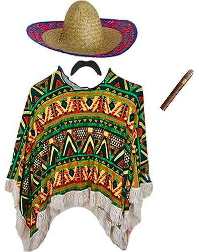 Adults Mens Womens Mexican Fancy Dress Costume Poncho Moustache Sombrero Day of the Dead Halloween Outfit