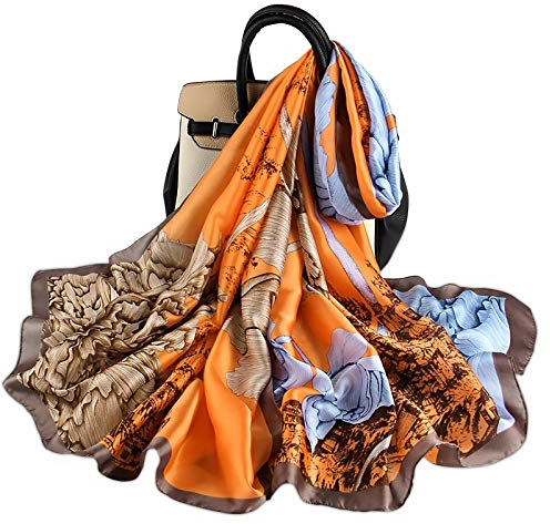 LumiSyne Seidenschal Damen Vintage Gemälde Muster Sonnenblume Blumen Ethnischer Stil Langer Seidentuch Großer Tücher Strandwickelkleid Sonnenschutz Stola Warm Weich Ganzjährig