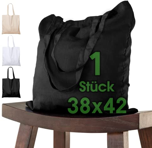 ELES VIDA Bolsa de algodón 38x42 cm 1 piezas sin imprimir, dos asas largas con certificación OEKO-TEX® Bolsa de tela, bolsa de transporte, bolsa de algodón, bolsa de compras, bolsa de yute, Negro