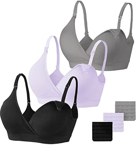 Vinfact Set da 3 Reggiseni Allattamento Senza Cuciture Reggiseno Premaman Cotone Morbido con Imbottito Reggiseno Gravidanza Senza Ferretto, Design con Scollo a V-XXL-Nero