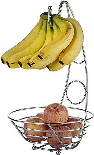 RS SHOP Fruit Basket Tree Bowl Rack with Banana Hanger Stand Hook 2 in 1 Decorative Wired Fruits Rack 43CM Tall - Silver Chrome Finish