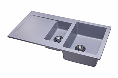 NAKA DG005 Spülbecken aus Granit mit Siphon 95 x 50 cm Küchenspüle Einbauspüle mit 1 und 1/2 Becken Waschbecken Küche Fleckenbeständig Spüle Granitspüle Waschbecken Abtropfschale Grau