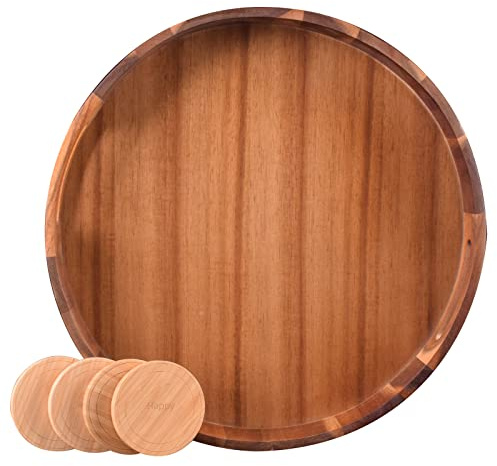Large Round Wood Serving Tray, Wooden Trays with Handles for Ottoman Table, Vintage Acacia Tray Circle Wood Tray for Indoor Outdoor Organization and Decoration, Including 4 Round Wooden Coasters