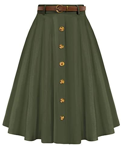 Army Green Knee Length A-Line Vintage Vintage High Waist Aline Skirt Army Green M