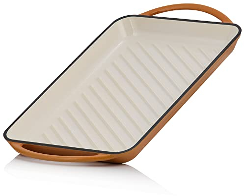 Mahlzeit Gusseisen-Grillplatte Emailliert | Sunny Orange | 39,5 x 22 x 3,5 cm | Grill Platte Gußeisern mit zwei Griffen, Eckig, Gerippt | Grillplatten, Bratplatte, Grillplatte Gusseisen, Grill-Platte
