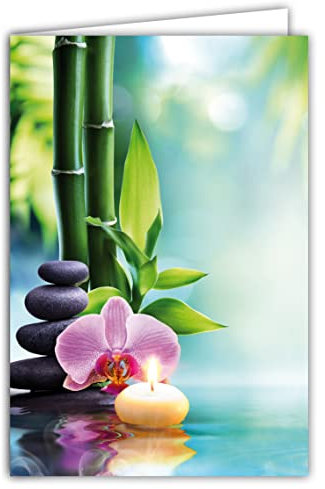 68-4010 Carte intérieur blanc avec Enveloppe - Zen Fleur Orchidée Rose Violette Bougie Galets Bambous Eau Méditation Pour Toi Joyeux Anniversaire Bonne Fête Fille Maman Mamie Merci Félicitations