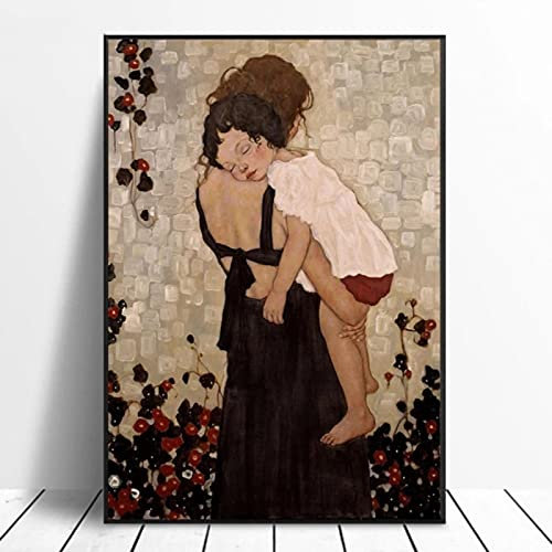 XIANGPEIFBH Berühmtes abstraktes Gemälde „Mutter und Kind“ von Gustav Klimt, Leinwandbild, Wandkunst, Bild für Wohnzimmer, Dekoration, 60 x 90 cm (24 x 35 Zoll), Holzfarbrahmen