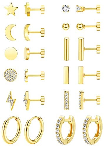 Morfetto Flat Back Earrings Hypoallergenic Surgical Steel 14K Gold Plated Stud Earrings Set For Multiple Piercing Tiny Moon And Star Screw Back Earrings Helix Cartilage Earrings For Women,Gold
