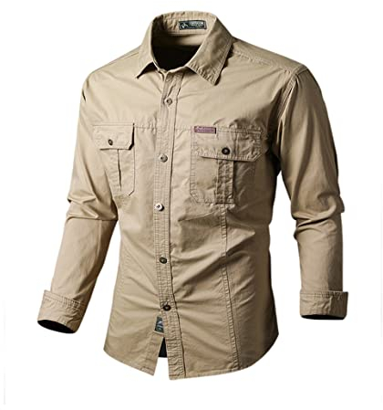 Arbeit Hemd Herren Frühling Slim Fit Einfarbig Tasche Shirt Herren Basic Revers Knopfleiste Casual Shirt Herren Täglich All-Match Outdoor Shirt Herren H-Khaki1 4XL