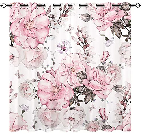 YUANZU Pink Flower Curtains - Girls Watercolor Floral Rose in Pastel Color Tile Print Pattern Eyelet Blackout Thermal Window Drapes for Bedroom Living Room Dining Room Office 2 Panels W229cm x D229cm