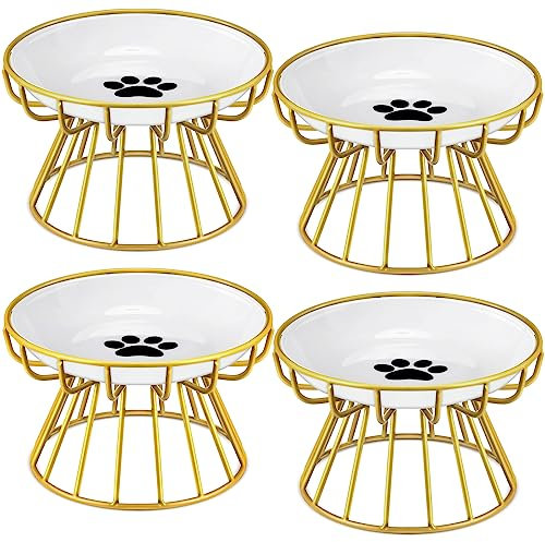 Roshtia 4 Sets Elevated Cat Bowls Ceramic Raised Cat Food Bowls with Metal Stand Dishwasher Safe Cat Dishes Non Slip Elevated Cat Plate Cat Food Plate for Cats Kitten Small Dogs Puppies (Gold)