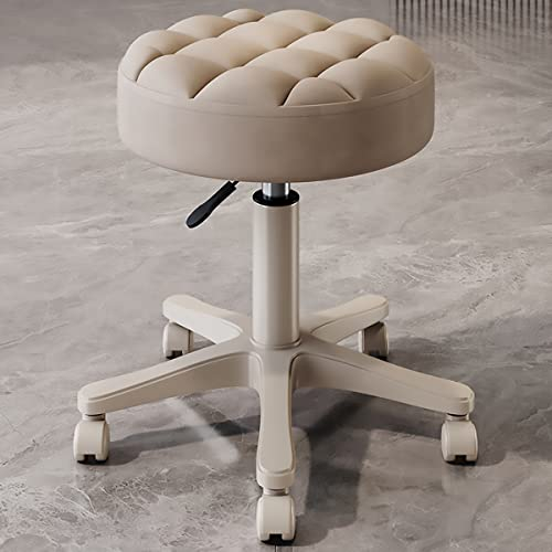 NAKEAH Hocker Stuhl 33 cm Rollhocker mit R?dern, h?henverstellbarer, um 360 ° drehbarer Drehstuhl, Bequeme gepolsterte Sitzgelegenheiten für Büro, Werkstatt, Salon, Bar, Schminktisch, Wei? (Braun)