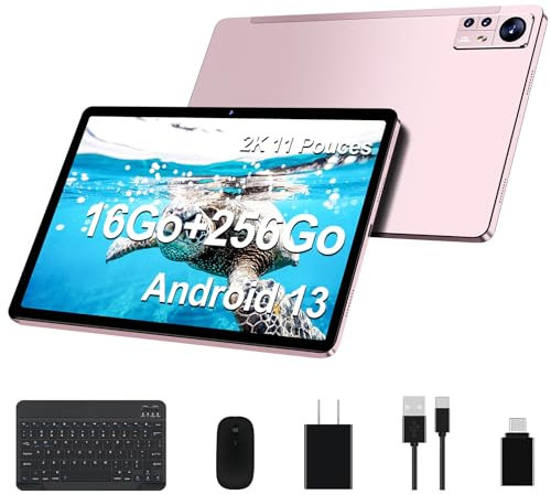 AOCWEI Android 13 Tablette 11 Pouces Écran 2K Octa-Core 16Go+256Go (512Go TF) 5G WiFi |2000 * 1200 |8600mAh |4 Haut parleurs |13MP+2MP+5MP |Bluetooth 5.0| Tablette avec Clavier et Souris |Or Rose