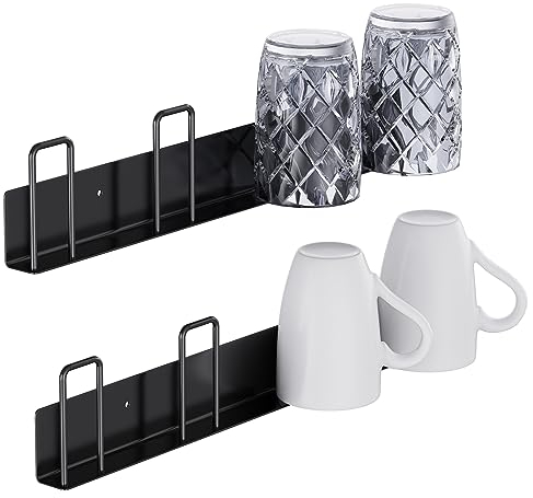 Geilihome Soporte para tazas de café de pared de vidrio adhesivo para almacenamiento de armarios, organizadores de cocina, estantes de armario (2 unidades, negro)