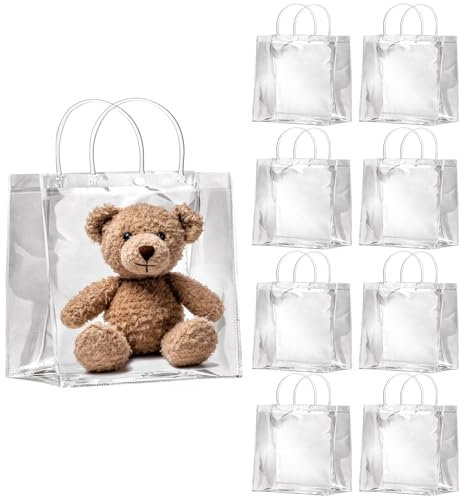 OfficeCastle 10 Stück mittelgroße transparente Geschenktüten mit Griffen, wiederverwendbare Einkaufstaschen für Hochzeit, Babyparty, Partygeschenk (20 x 8 x 20 cm)