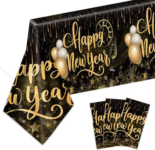 TOPJOWGA Frohes Neues Jahr Tischdecken 2025, 3 Stück Schwarz Gold Silvester Party Tischdecken, Silvester Party Dekoration, Happy New Year Party Dekoration Tischdecke