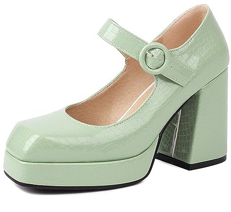 MJIASIAWA Mode Chunky Heel Mary Jane Damen Lack Party Schuhe Lovely Hochzeit Square Toe Pumps Bogen Party Kleid Ya-Grün Gr 34 EU