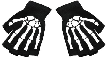 JIHUOO 3 Paar Halloween Skelett Hände Handschuhe Fingerlose Knochenhandschuhe Glow in the Dark Winterhandschuhe Cosplay Handschuh Erwachsene, schwarz