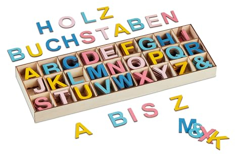 Relaxdays Holzbuchstaben Set, 324 TLG., Großbuchstaben A-Z, Und-Zeichen, 3 cm, kleine Buchstaben zum Basteln, Deko, bunt