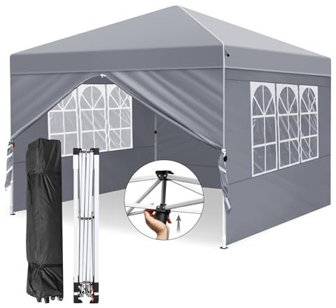 Leadyeah Pop Up Gazebo 3m x 3m with sides, One-Person Push Setup Gazebo with Central Lock System, Included 4 Sidewalls & Wheeled Storage Bag, Ideal for Beach, Camping, Outdoor Party, Sports Grey