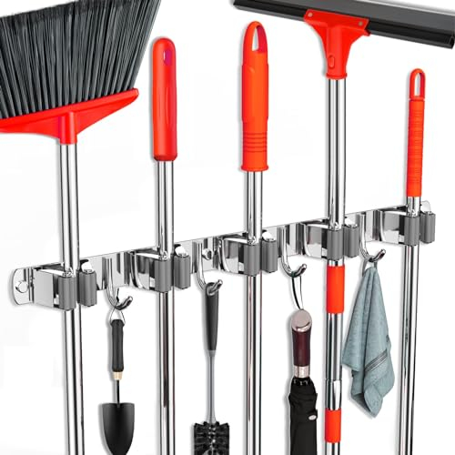 FODARSAI Soporte de pared para fregona y escoba, colgador de escoba mejorado, organizador de escobas de acero inoxidable para armario, garaje, lavandería, cocina, decoración de pared (5 estantes, 4