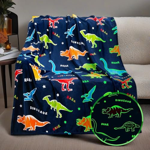 HSGLGNA Kuscheldecke Kinder Dinosaurier Decke Leuchtet im Dunkeln,Dinosaurier Muster Weiche Mikrofaser Flauschig Decke,Tolle Geschenke für Dino Liebhaber (Dinosaurier D, 150x200 cm)