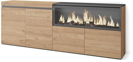 Skraut Home | Sideboard, Highboard | Kommode, Komodenschrank | 210 | 4 Türen | Elektrokamin XXL | Moderner Stil | Eiche