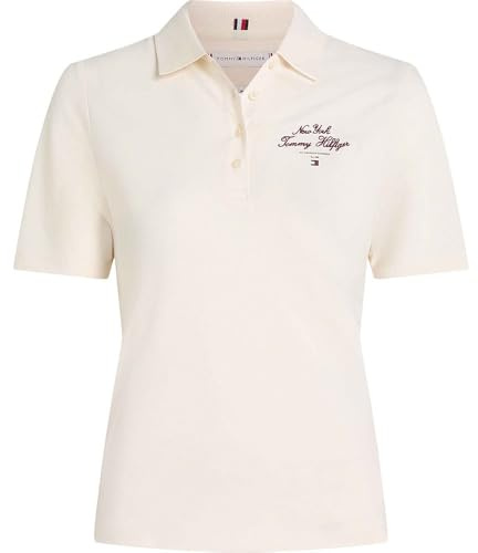 Tommy Hilfiger Damen Poloshirt Kurzarm Script Graphic Slim Fit, Elfenbein (Ivory Petal), M