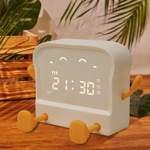 HPYDIY Toast dekoratives Licht, Kawaii-Nachtlicht, wiederaufladbar, getönter Toast, niedliche Toastform, USB-wiederaufladbare Uhr, Wecker, Schlafzimmer, Familie, Nachttisch, digitaler Timer (gelb)