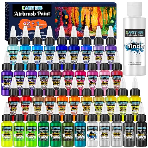 X ARTY HUB Airbrush Farben Set 42 Acrylfarben mit 119,77ml Verdünnung | Sprühfertig, schillernde, neon- und metallische Farben, Wasserbasis, Airbrush-Malset für Modelle, Kunstwerke und