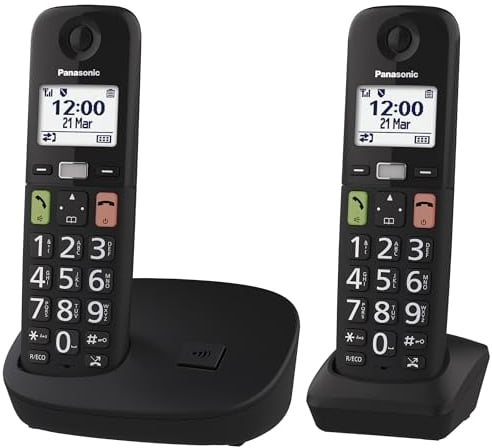 Panasonic KX-TGU112EXB - Telefono digitale wireless con segreteria telefonica, unità base e 2 combinazioni, schermo LCD, tasti grandi, chiamata preferita, compatibile con apparecchi acustici, nero