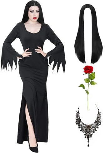 Mrsclaus Addams Kostüm Damen Halloween Kostüm für Erwachsene Hexe Gothic Vintage Kleid Perücke Schwarz for Addams Family Fledermaus und Perücke Kappen Halskette Rote Rosen CA050M
