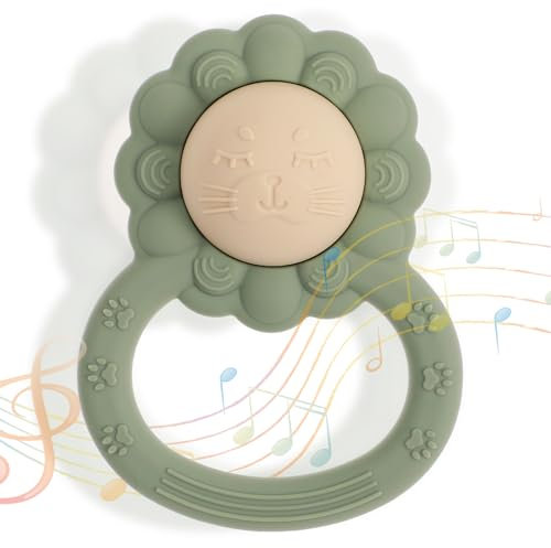 meanus Silikon Babyrassel Beißring, Löwenform Baby Spielzeug für Sinnes und Kauentwicklung, BPA-frei (Sage)