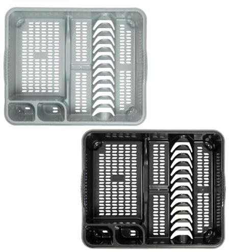 Combo Colour Of Large Plastic Dish Drainer Tray Utensil Holder, Draining Board, Dish Drying Rack For Plates and Cutlery 46.50 x 38.00 x 9.00 cm For Kitchen Countertop - (Silver, Midnight Greyish)