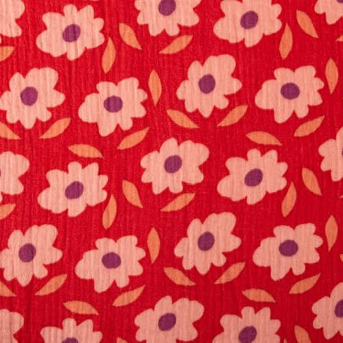 SCHÖNER LEBEN. Musselin Stoff Double Gauze Blumen Blätter rot violett 1,30m Breite